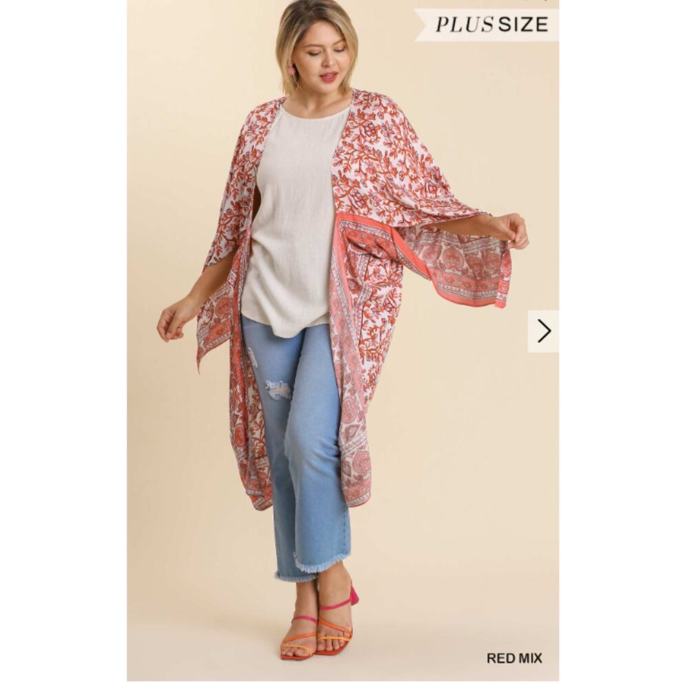 Umgee Boho Red/Cream Floral Wing Sleeve Kimono / Cover Up Plus Size 1XL/2XL